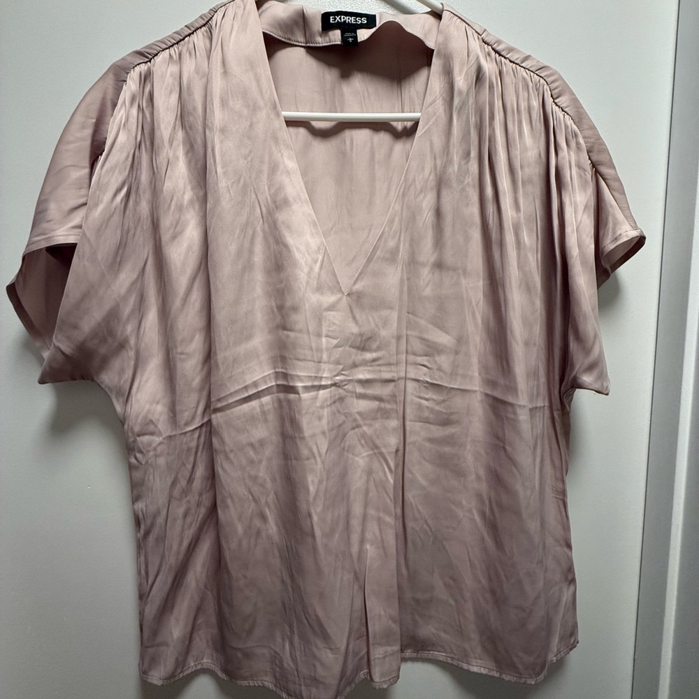 Pink V-Neck Silky Rouched Sleeve Blouse